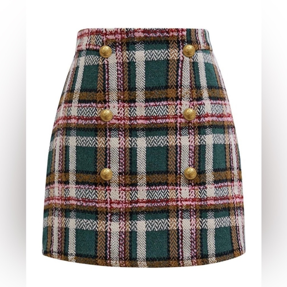 GOLDEN BUTTONS GREEN PLAID WOOL-BLEND MINI SKIRT